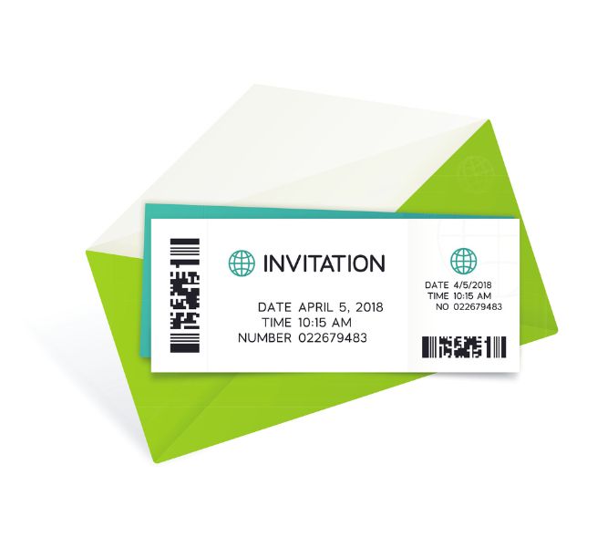 Invitation imprimée avec code-barres et informations de date, insérée dans une enveloppe verte et blanche.