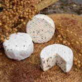 Three small Bray au lin cheeses on a straw mat, one of them sliced, with golden seeds in the background.