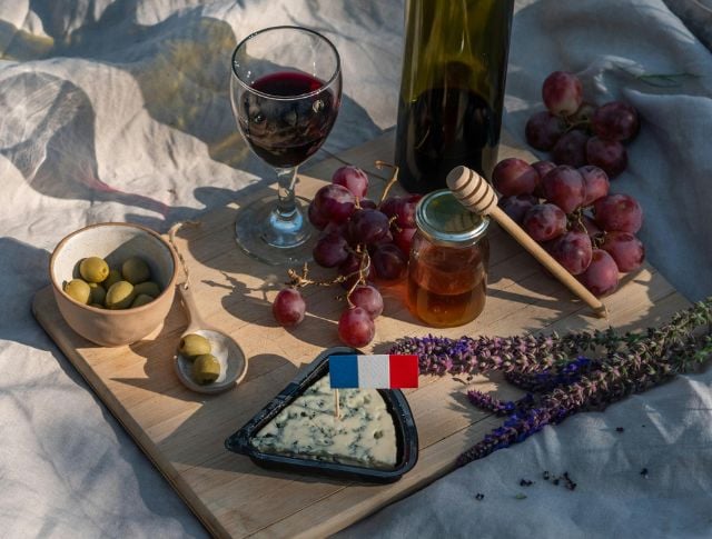 French aperitif board with blue cheese, grapes, honey, olives, red wine and lavender on a linen cloth.