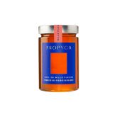 Pot de miel de chêne Propyca à l’étiquette bleue et orange, présenté sur fond blanc.