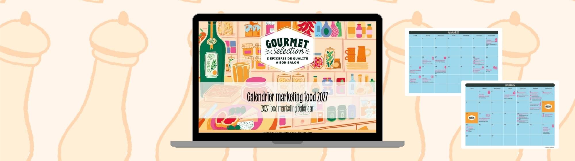 Ordinateur portable affichant le Calendrier Marketing Food 2027 de Gourmet Selection, accompagné d’aperçus de pages calendrier sur un fond illustré de moulins à poivre.