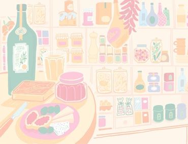 Illustration d’un étalage gourmand avec bouteille, fromage, confiture et étagères remplies de produits dans un style coloré et doux.