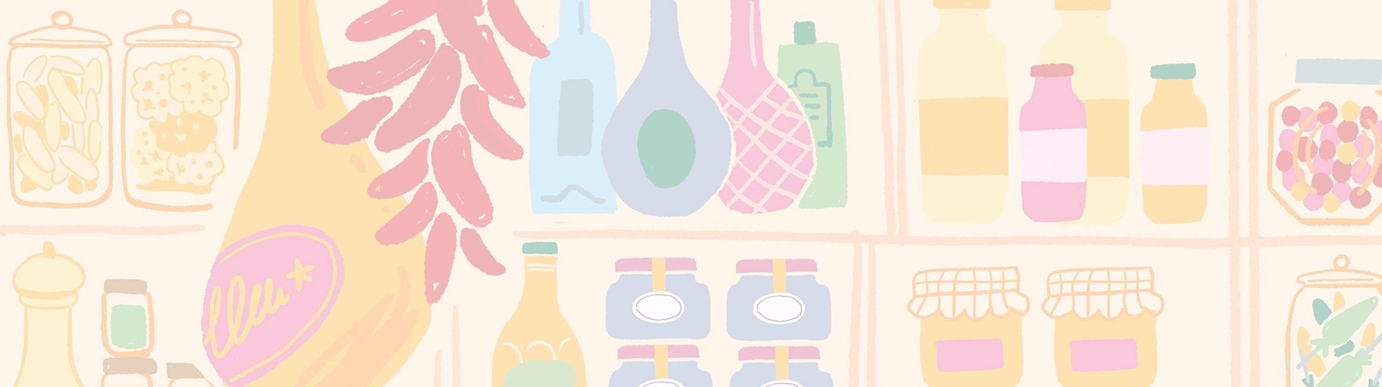 Illustration pastel d'étagères remplies de produits alimentaires variés comme bocaux, bouteilles et condiments.