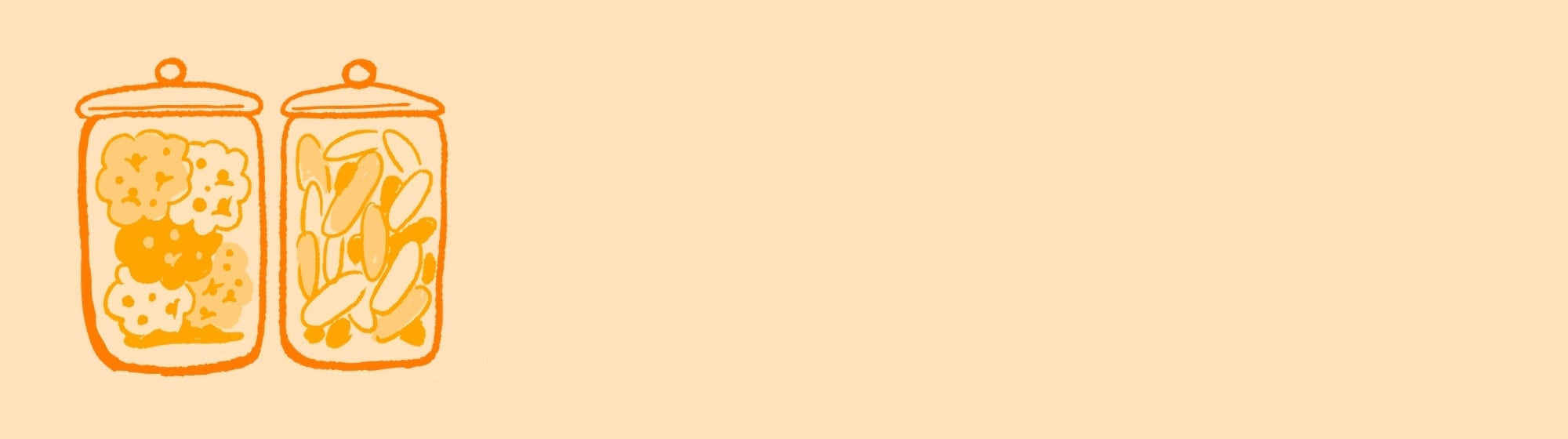 Illustration de deux bocaux remplis de biscuits et pâtes dessinés en traits orange sur fond beige.