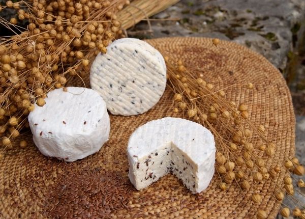 Three small Bray au lin cheeses surrounded by dried flax seeds.