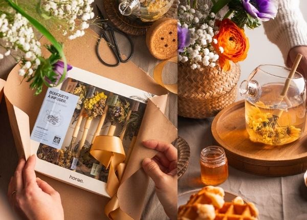 Gift box containing eight infusion bouquets, surrounded by kitchen accessories.