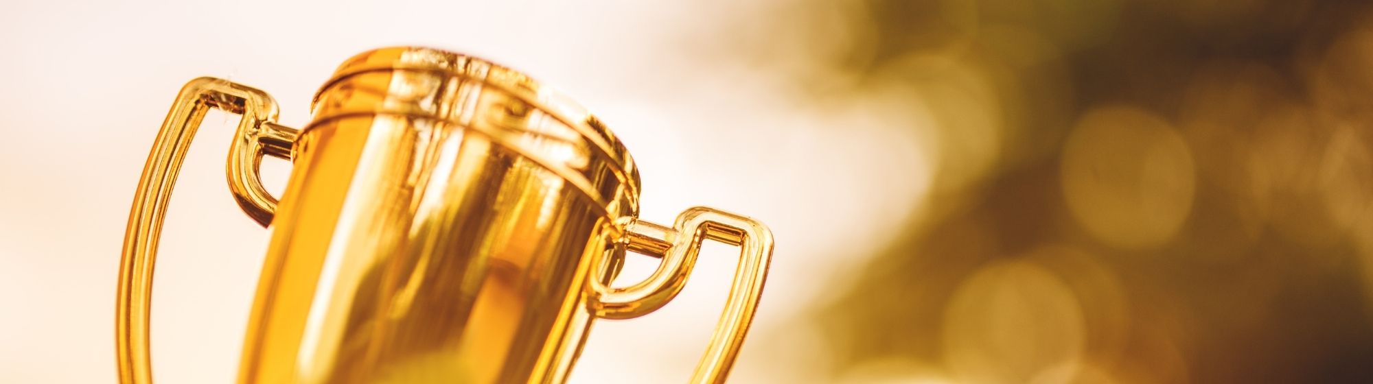 Golden trophy against a bright background representing an award or prize.