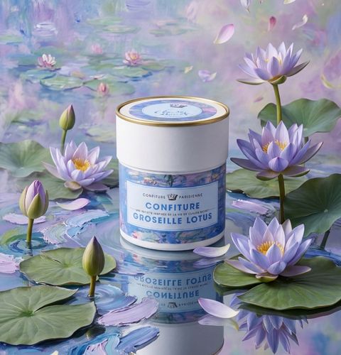 Pot de confiture groseille lotus entouré de nénuphars violets sur une eau au style pictural.