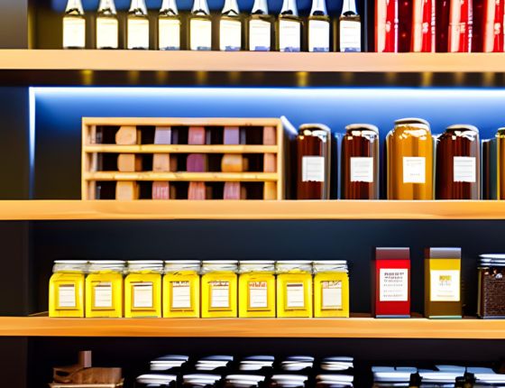 Wood shelves with delicatessen products