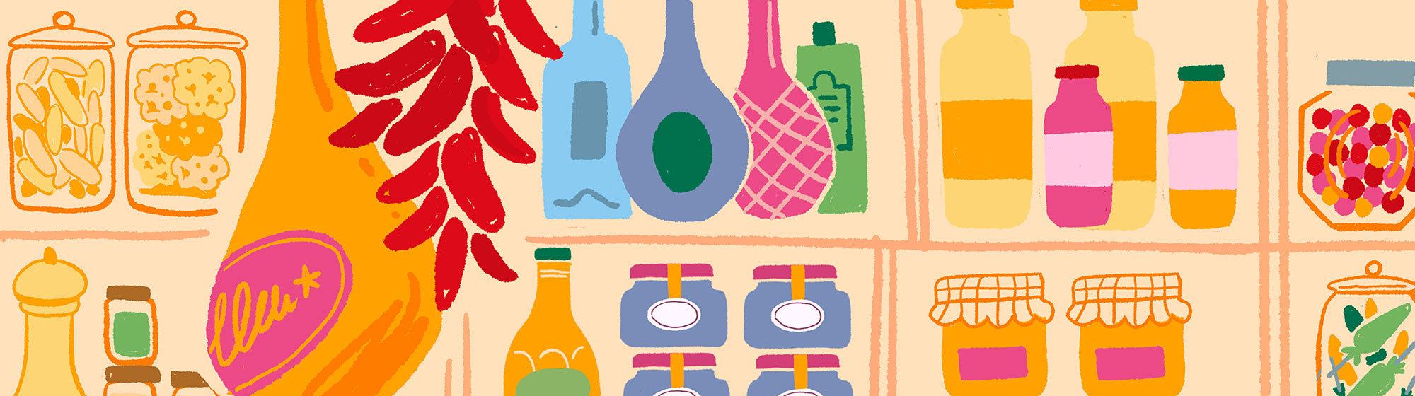Colorful illustration of shelves filled with gourmet grocery products, including jars, bottles, and jam pots.